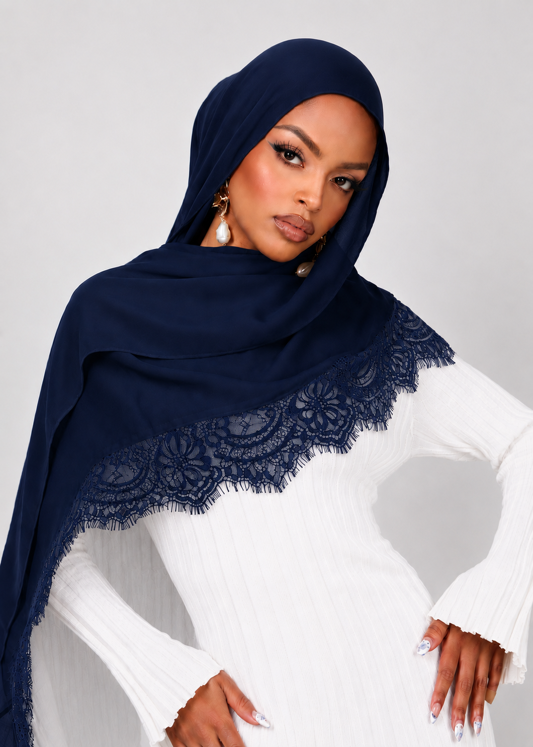 Lace Modal Hijab - Navy - 180x80cm