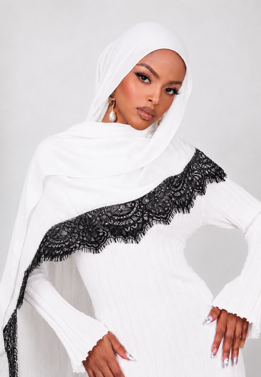 Lace Modal Hijab - White - 180x80cm