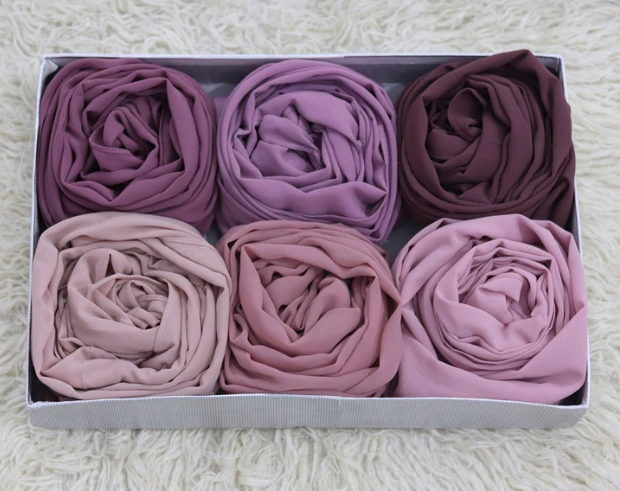 Premium Georgette Hijab Box – Mauve & Pink Tones (Set of 6)