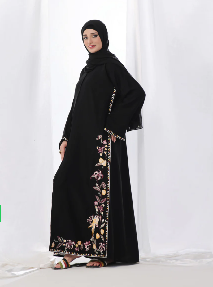 Kashish Embroidered Abaya – Black with Multicolor Detailing