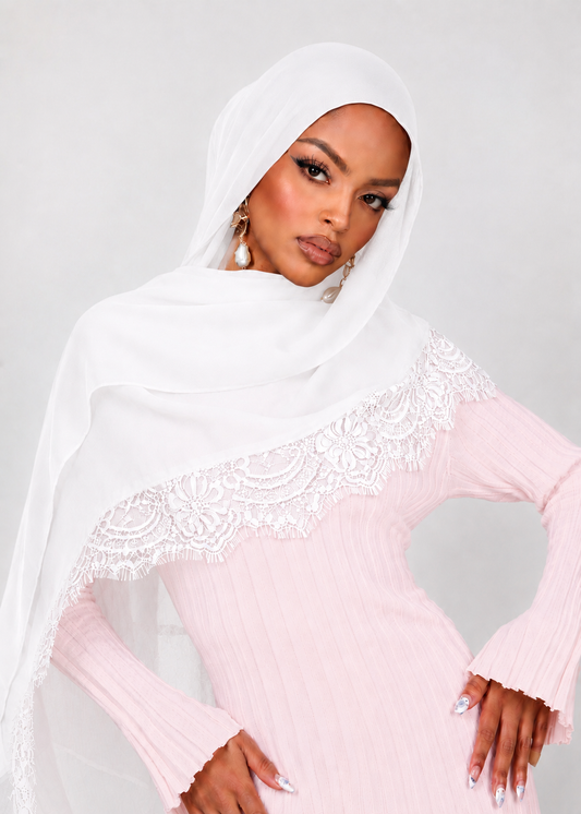Lace Modal Hijab - White - 180x80cm