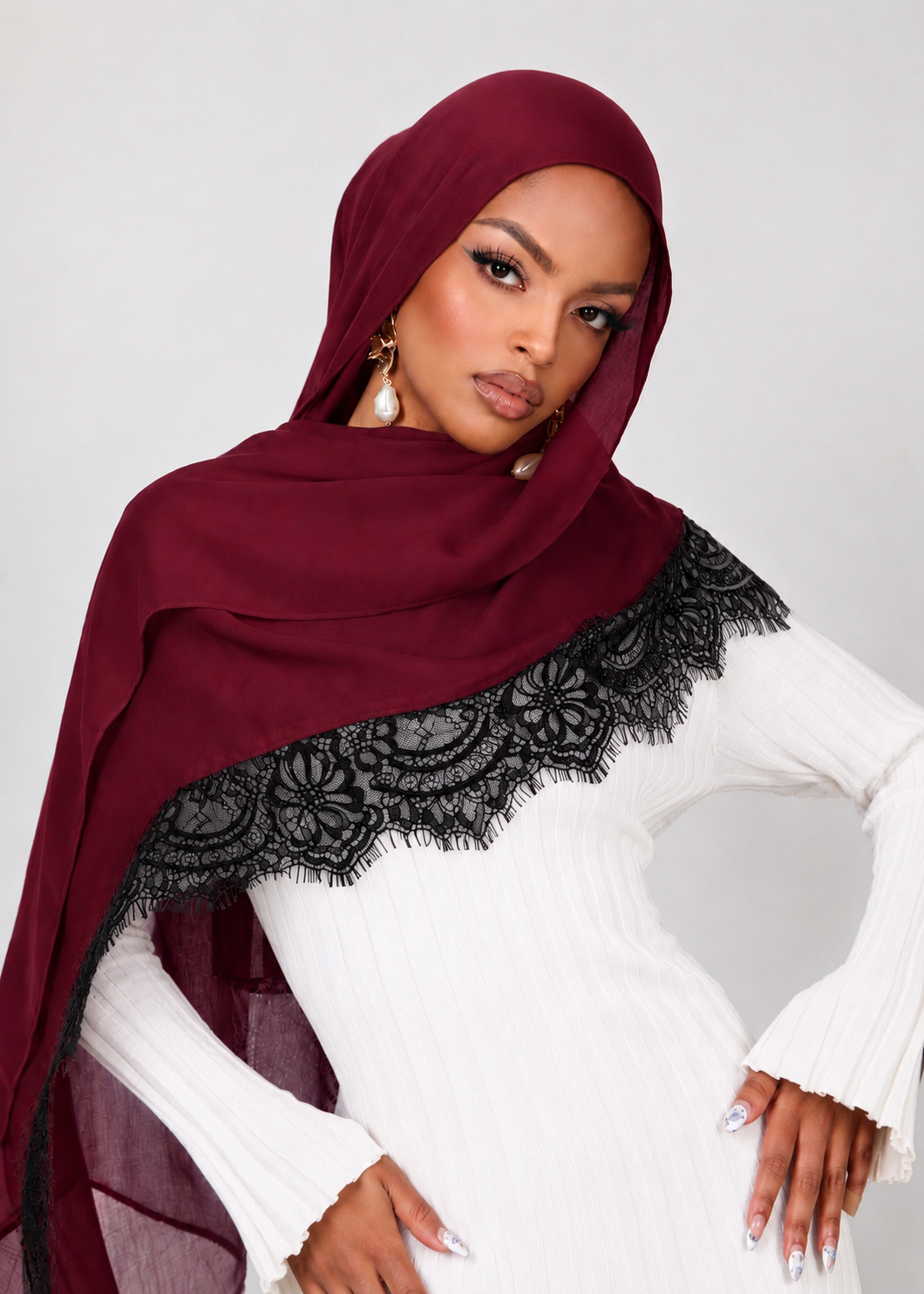 Lace Modal Hijab - Burgundy - 180x80cm