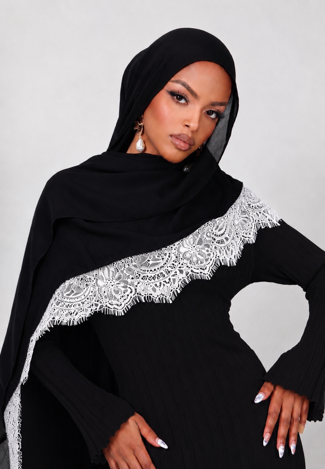 Lace Modal Hijab - Black - 180x80cm