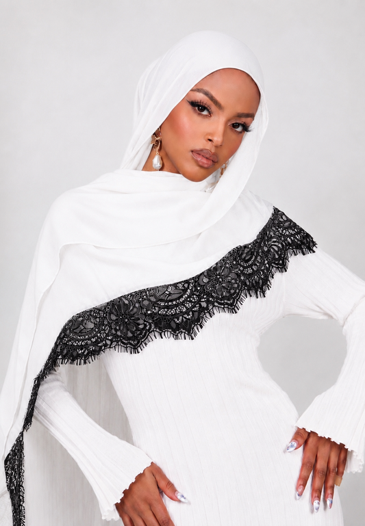 Lace Modal Hijab - White - 180x80cm