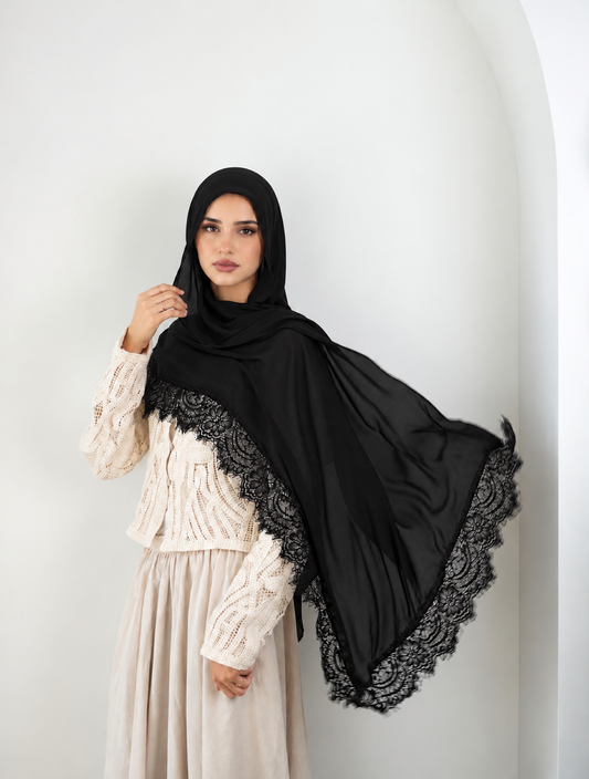 Lace Modal Hijab- Black