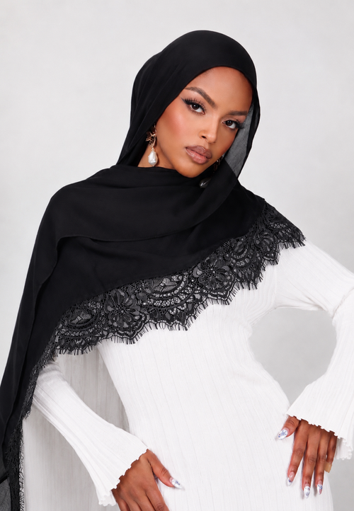Lace Modal Hijab - Black - 180x80cm