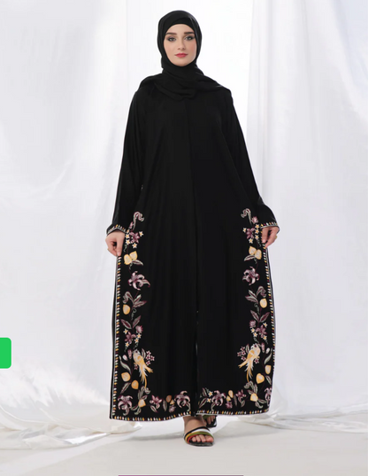 Kashish Embroidered Abaya – Black with Multicolor Detailing