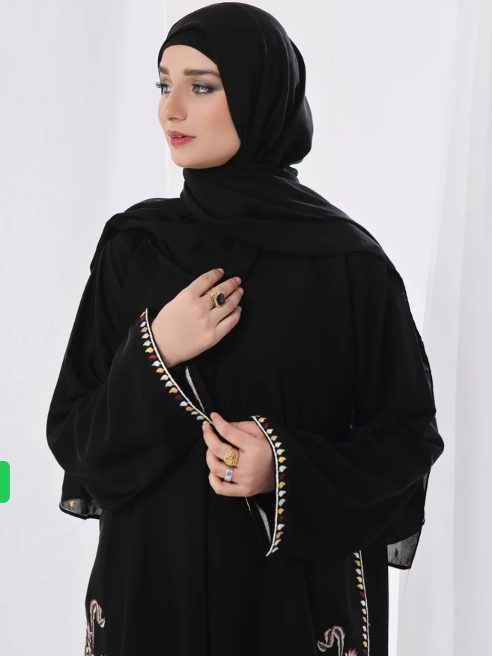 Kashish Embroidered Abaya – Black with Multicolor Detailing