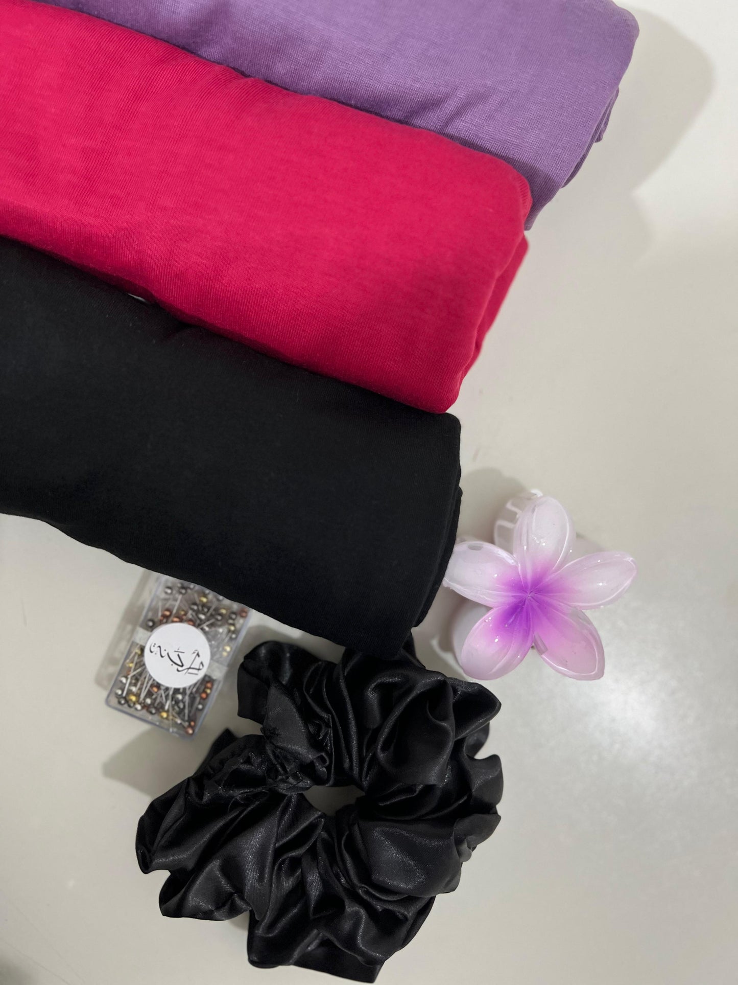 Jersey Hijab Styling Set – 3 Hijabs + Satin Scrunchie + Pins Wheel + Flower Hair Clip + Hijab Cap