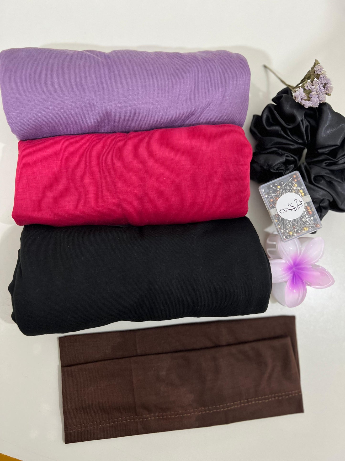 Jersey Hijab Styling Set – 3 Hijabs + Satin Scrunchie + Pins Wheel + Flower Hair Clip + Hijab Cap