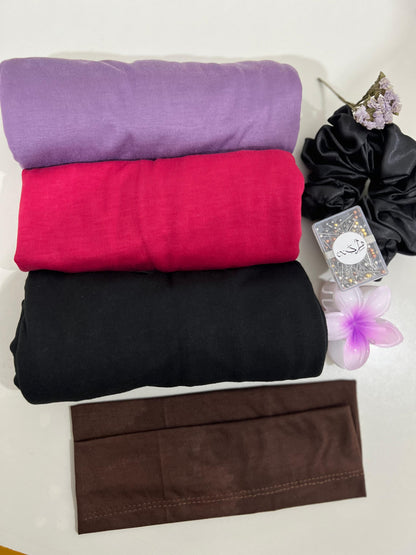 Jersey Hijab Styling Set – 3 Hijabs + Satin Scrunchie + Pins Wheel + Flower Hair Clip + Hijab Cap