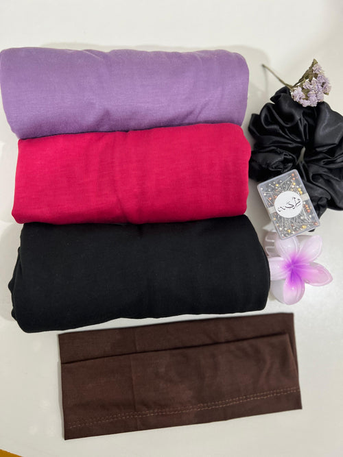 Jersey Hijab Styling Set – 3 Hijabs + Satin Scrunchie + Pins Wheel + Flower Hair Clip + Hijab Cap